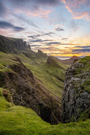 View of rocky landscape Quiraing at sunrise