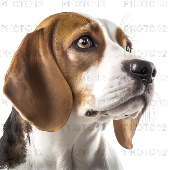 Portrait of a Beagle in front of a white background. AI generated Art