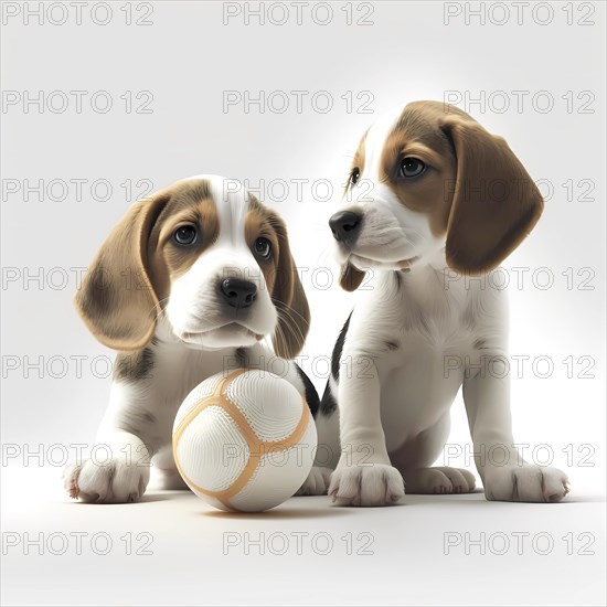 Portrait baegel puppys playing with a ball in front of a white background