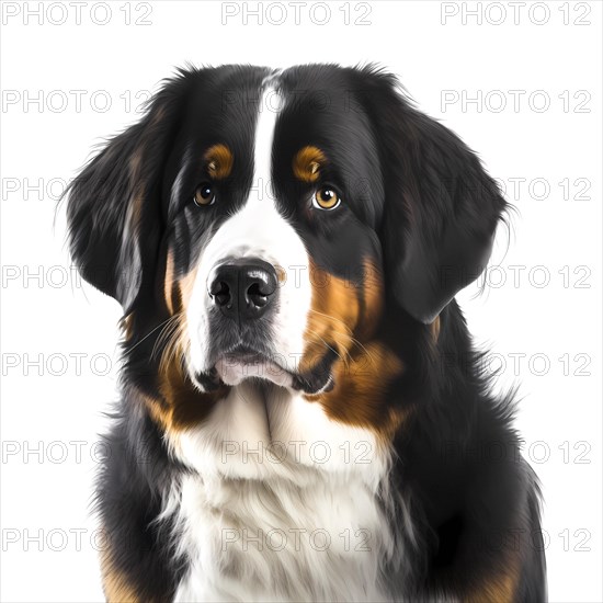 Portrait of a Bernese Mountain Dog in front of a white background. AI generated Art