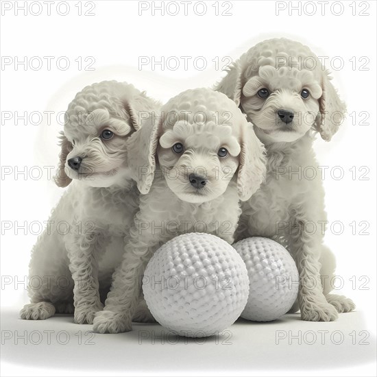 Portrait Puddel puppys playing with a ball in front of a white background