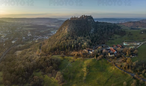 The volcanic cone with the Hohentwiel castle ruins illuminated by the morning sun