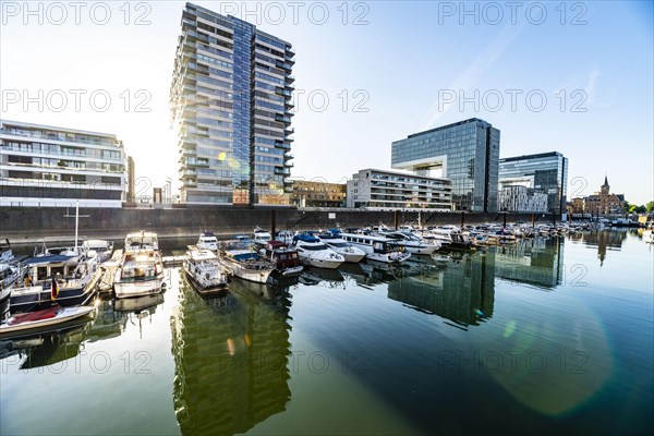 Reflection of crane buildings in the Rheinauhafen against the light