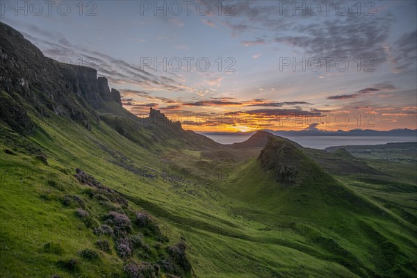 View of rocky landscape Quiraing at sunrise