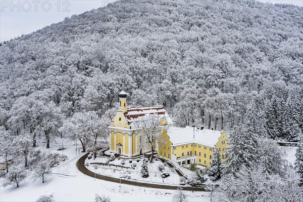 Ave Maria pilgrimage church and Capuchin monastery with snow