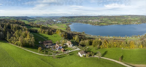 View from the Thurgau lake ridge slope to the farm settlement of Klingenzell with the Marian pilgrimage chapel of Our Lady of Sorrows