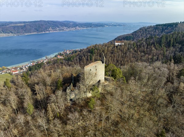 Aerial view of Lake Constance with the Altbodman castle ruins with the village of Bodman-Ludwigshafen