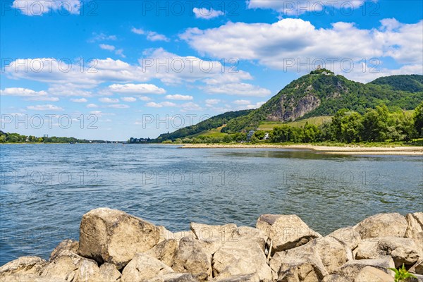 View across the Rhine to the Drachenfels with the ruins of Drachenfels Castle