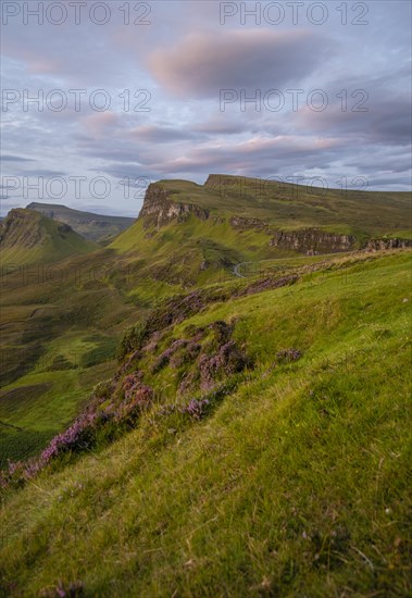 View of rocky landscape Quiraing at sunrise