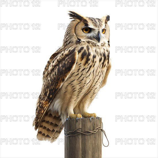 Portrait of an eagle owl who sits on a pole