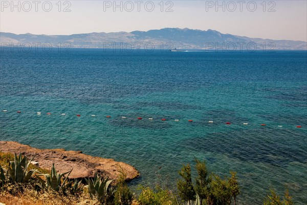 View from Turkish coast over Aegean Sea to Greek island Kos