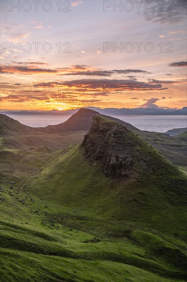 View of rocky landscape Quiraing at sunrise