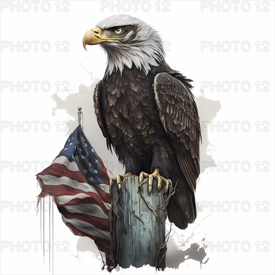 Bald eagle in front of american flag