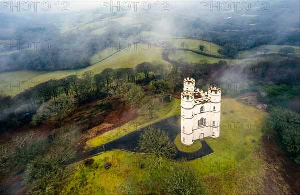 Misty morning over Haldon Belvedere from a drone