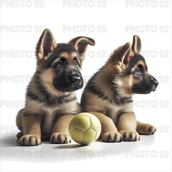 Portrait german shepherd puppys playing with a ball in front of a white background