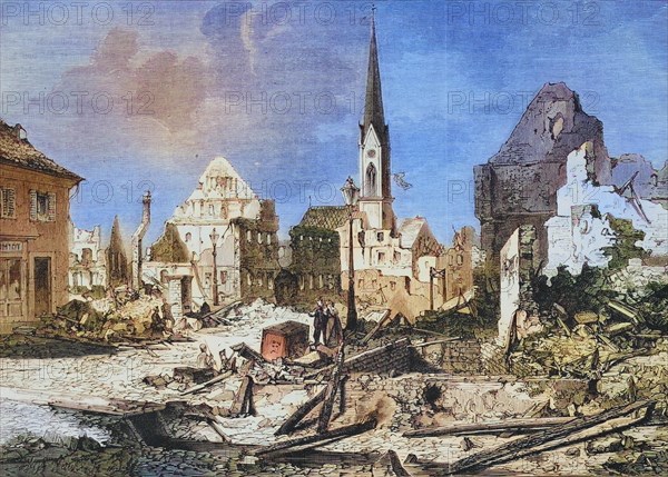 The devastations in the main street of Kehl after the bombardment