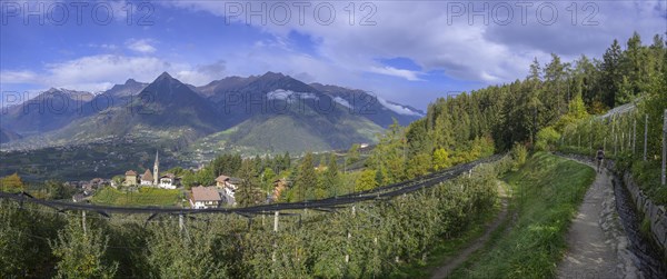 View from the Schenner Waalweg over orchard to the church of St.Georgen