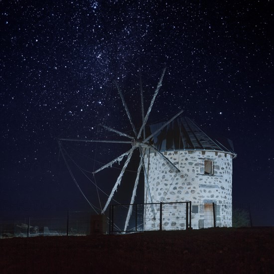 Night shot of historical windmill near Bodrum