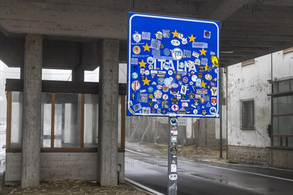 Border between Austria and Italy at the Ploecken Pass. The unoccupied and abandoned border crossing has a particularly mystical effect in fog