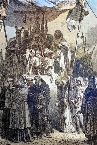 Saladin lets the captured Christians pass him by after the conquest of Jerusalem. An-Nasir Salah ad-Din Yusuf ibn Ayyub