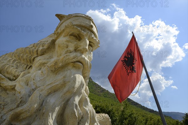 Skanderbeg monument with waving flag with double-headed eagle