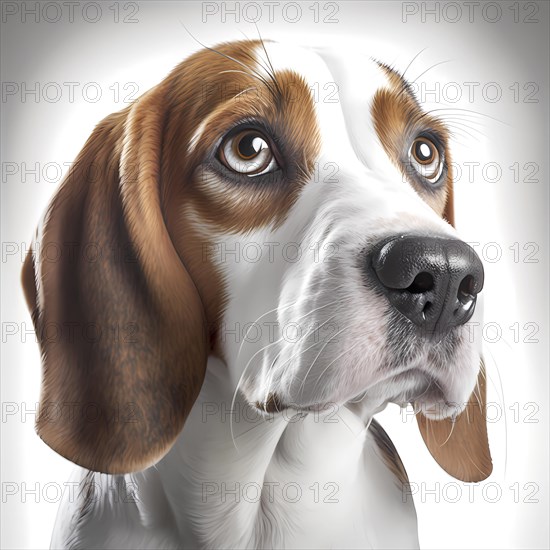 Portrait of a Beagle in front of a white background. AI generated Art