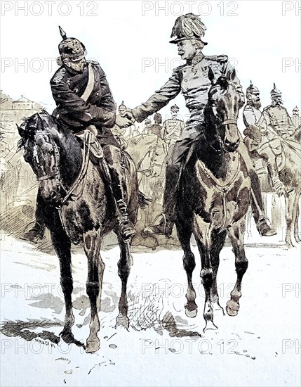 Count von Bismarck and General von Hartmann greet on parade at Longchamp