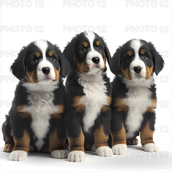 Portrait Bernese Mountain puppys in front of a white background