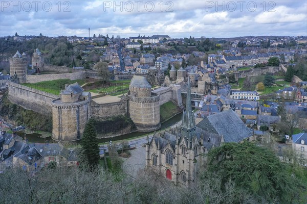 Aerial view of Chateau Castle and Eglise Saint-Sulpice Church