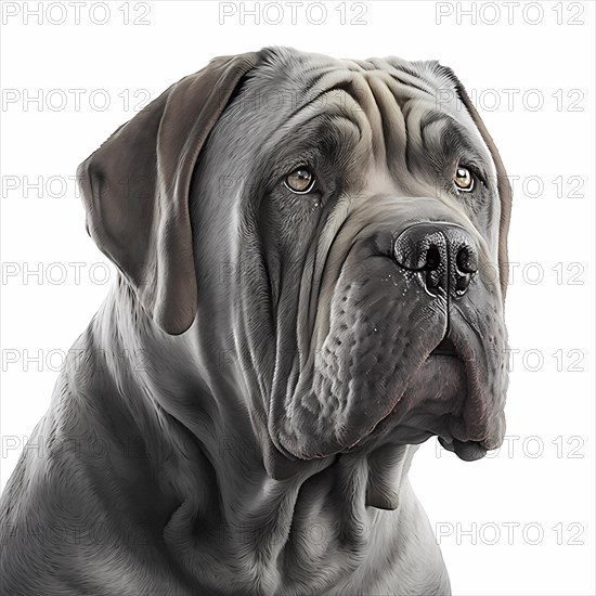 Portrait of a Mastino Napoletano in front of a white background. AI generated Art