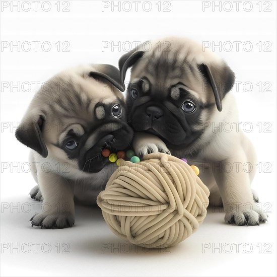 Portrait Mops puppys playing with a ball in front of a white background