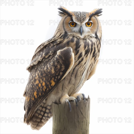 Portrait of an eagle owl who sits on a pole