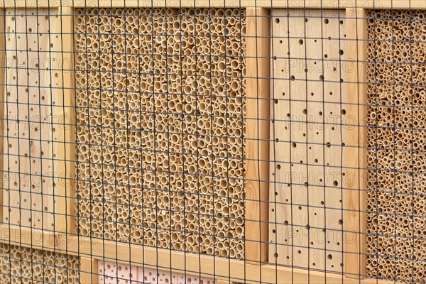 Close up of a wooden insect house hotel structure created to provide shelter for insects like bees to prevent extinction