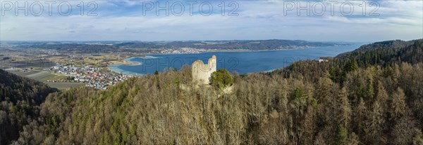 Aerial view of Lake Constance with the Altbodman castle ruins with the village of Bodman-Ludwigshafen