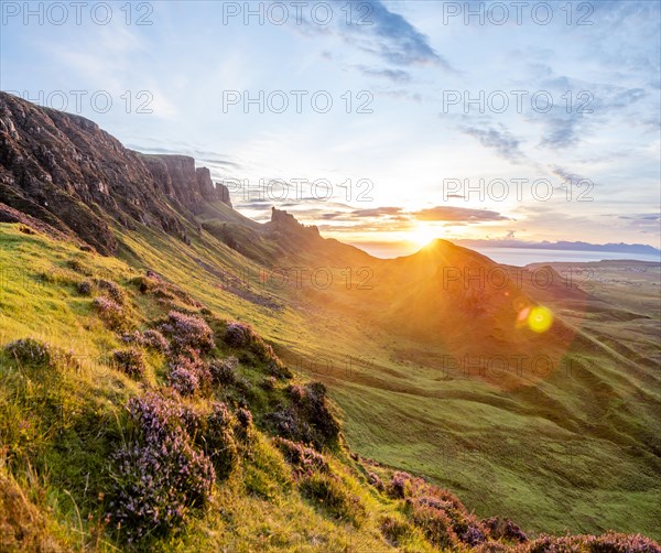 View of rocky landscape Quiraing at sunrise