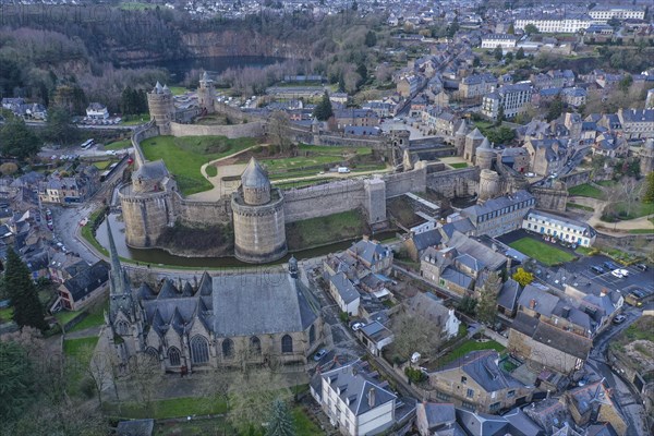 Aerial view of Chateau Castle and Eglise Saint-Sulpice Church