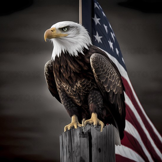 Bald eagle in front of american flag