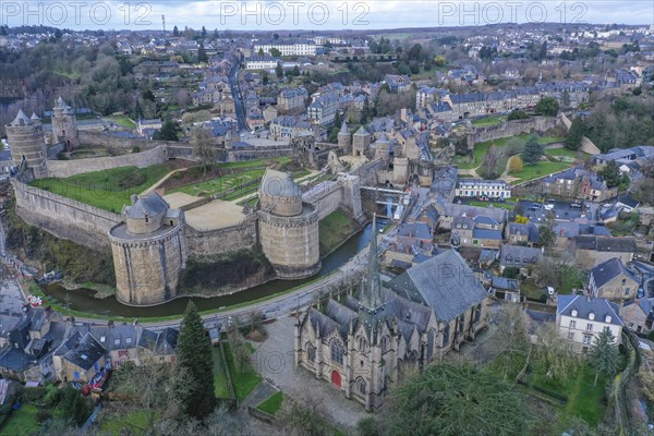 Aerial view of Chateau Castle and Eglise Saint-Sulpice Church