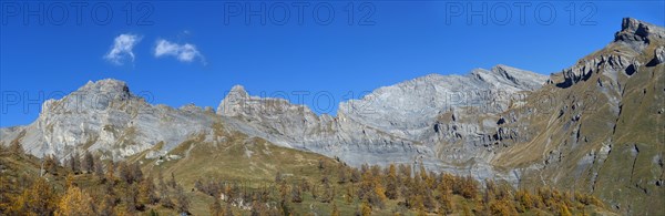 Panorama view from the mountain station of the chairlift Ovronnaz-Jorasse to the peaks of the Bernese Alps Pointe dAufalle