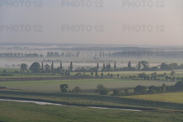 View from the Kniepenberg lookout tower of sunrise and morning fog in the Lower Saxony Elbe floodplain near Neu Darchau