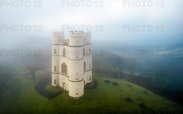 Misty morning over Haldon Belvedere from a drone