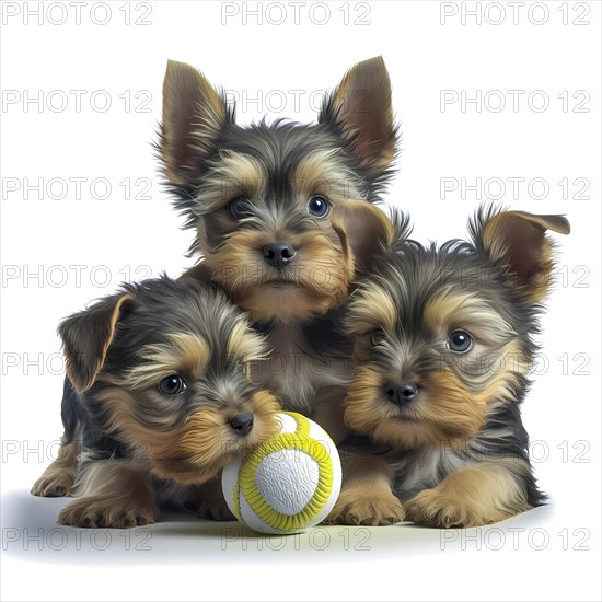 Portrait Yorkshire Terrier puppys playing with a ball in front of a white background