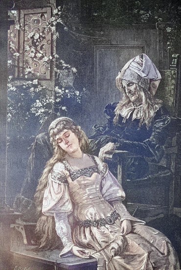 Sleeping Dornroeschen. Girl fell asleep at home with her grandmother