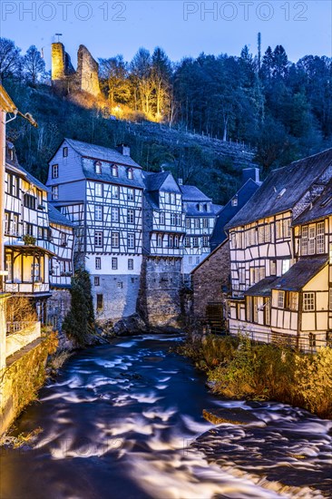 The Rur at blue hour in Monschau with a view of the Hall Ruin