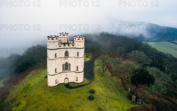 Misty morning over Haldon Belvedere from a drone