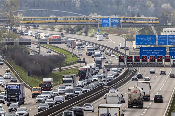 Heavy traffic with congestion on the multi-lane motorway A8 near Stuttgart