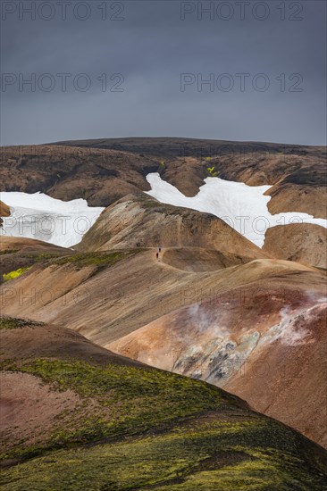 Hikers on colourful rhyolite mountains with remnants of snow