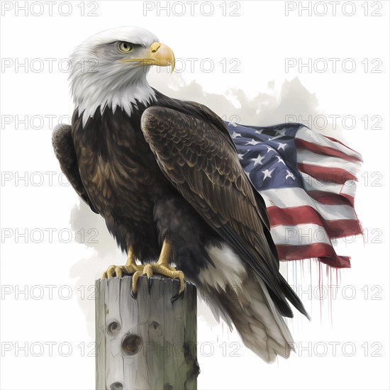 Bald eagle in front of american flag