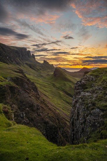 View of rocky landscape Quiraing at sunrise