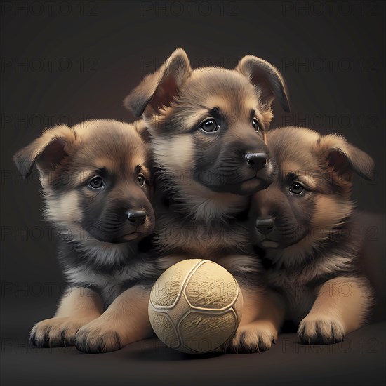 Portrait german shepherd puppys playing with a ball in front of a white background